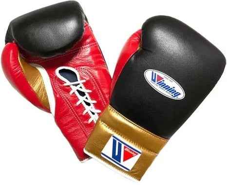 Custom black, red, and gold Winning professional lace-up boxing gloves featuring a metallic gold cuff and premium leather finish at PunchPro Boxing.