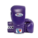 Custom purple Winning professional lace-up boxing gloves featuring a premium leather finish and white laces at PunchPro Boxing.