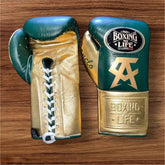 No Boxing No Life Professional Lace-Up Boxing Gloves - Forest Green & Metallic Gold Edition - PunchPro Boxing
