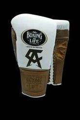 No Boxing No Life Boxing Gloves - Professional Lace-Up White & Bronze Edition - PunchPro Boxing