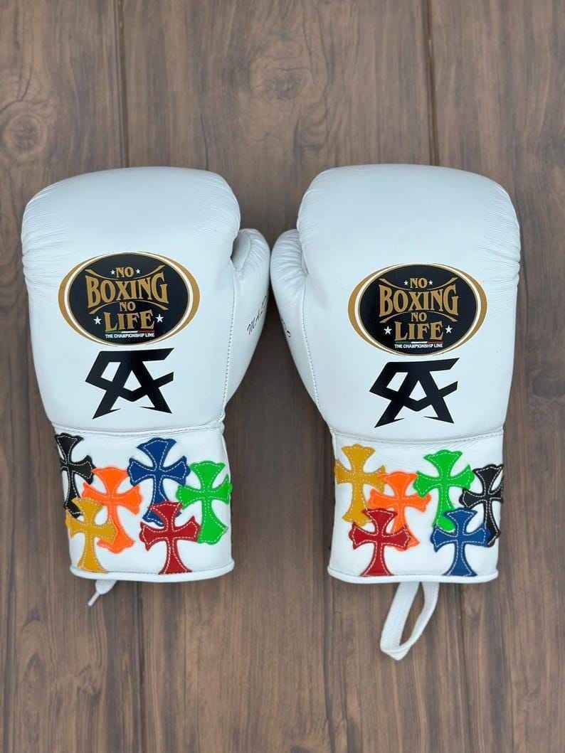 No Boxing No Life Professional Lace-Up Boxing Gloves - White Multi-Color Cross-Patch Edition - PunchPro Boxing