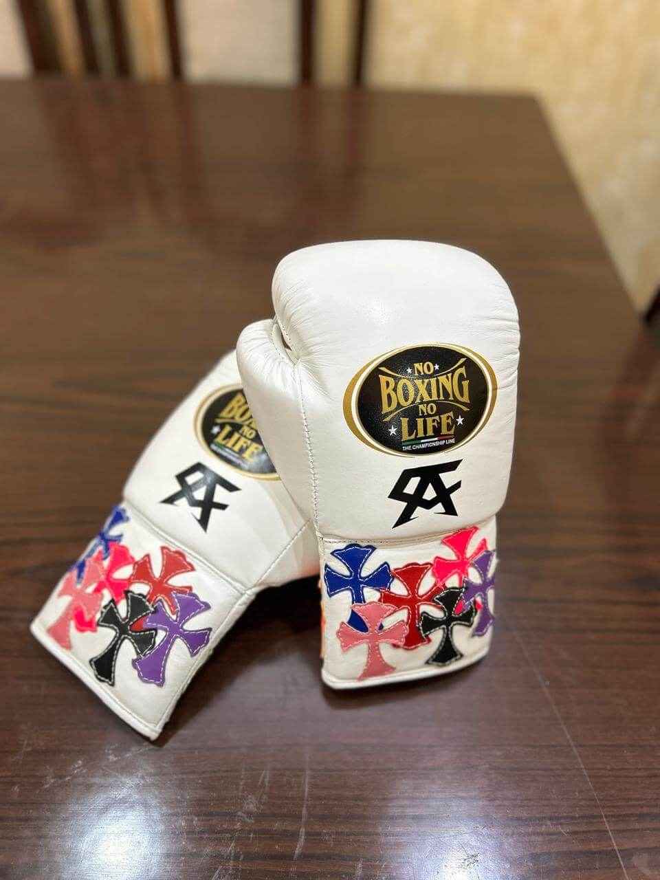 No Boxing No Life Professional Lace-Up Boxing Gloves - White Multi-Color Cross Patch Edition for Ultimate Performance - PunchPro Boxing