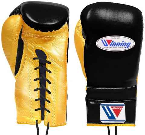 Custom black and metallic gold Winning professional lace-up boxing gloves featuring a premium leather finish and black laces at PunchPro Boxing.