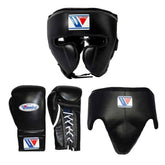 Black boxing gear set with a brand logo on a white background
