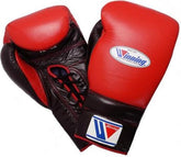 Custom black and red Winning professional lace-up boxing gloves featuring a premium leather finish and red laces at PunchPro Boxing.