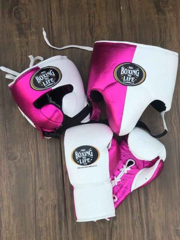 No Boxing No Life Boxing Set – Metallic Pink & White Handmade Gloves, Headgear & Groin Guard (8oz–16oz) from Mexico - PunchPro Boxing