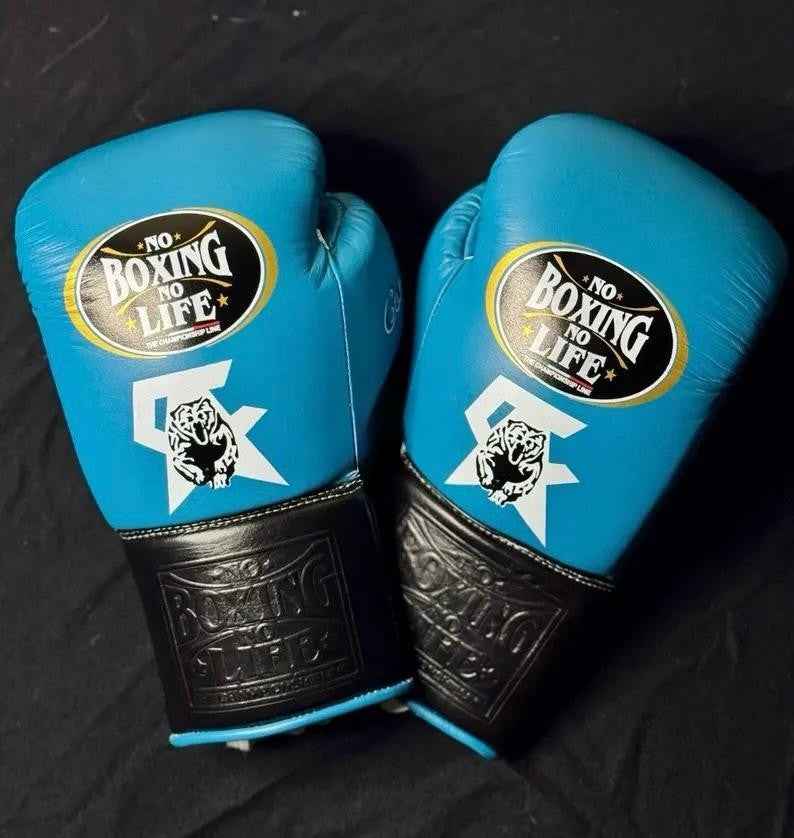 No Boxing No Life Professional Lace-Up Boxing Gloves - Sky Blue & Black Edition - PunchPro Boxing