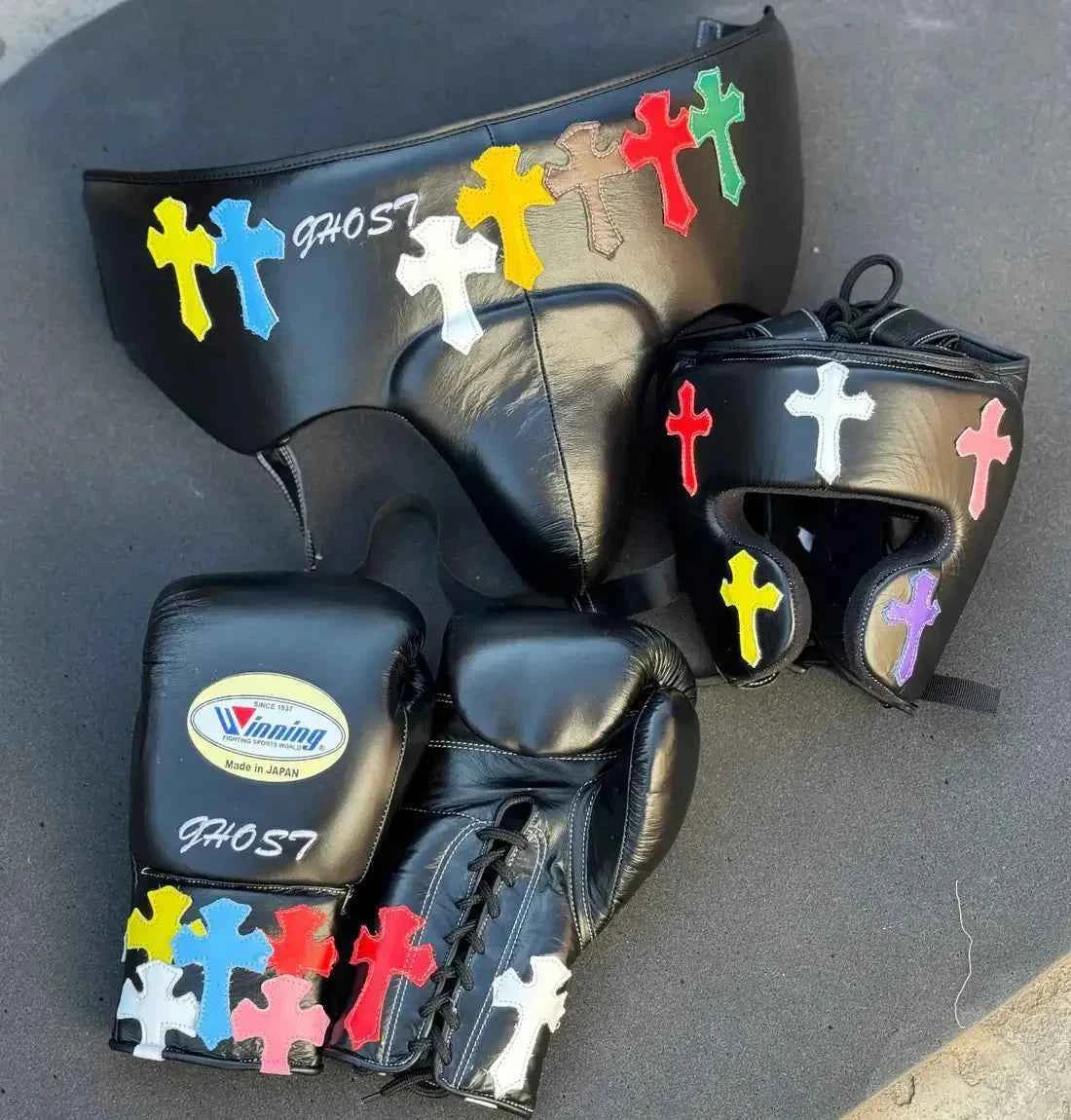 Winning Boxing Training Set - Custom Black Multi-Color Cross Patch Edition - PunchPro Boxing