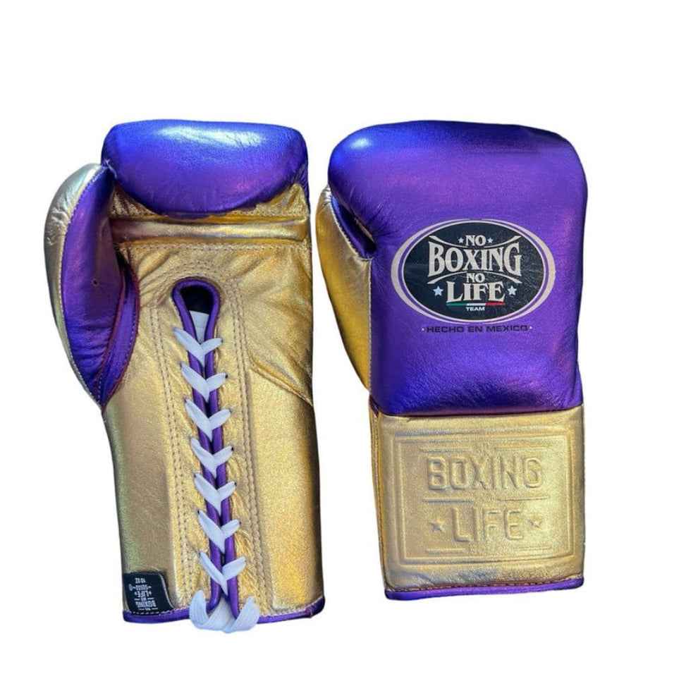 Pair of professional 10 oz No Boxing No Life metallic purple lace-up boxing gloves with metallic gold palms and cuffs featuring "Hecho en Mexico" branding on a white background at PunchPro Boxing.