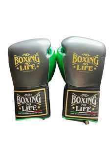 Pair of professional No Boxing No Life grey lace-up boxing gloves with forest green palms and gold metallic branding at PunchPro Boxing.