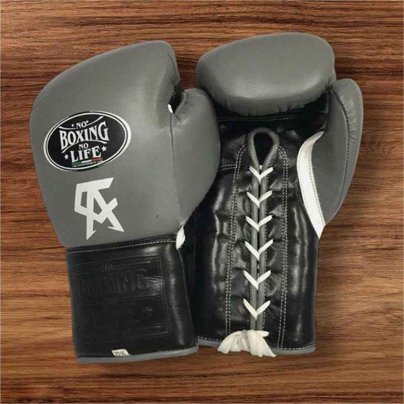 No Boxing No Life Professional Lace-Up Boxing Gloves - Grey & Black Edition - PunchPro Boxing