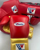 Complete Winning professional maroon and metallic gold custom training set including 16 oz lace-up gloves, FG-2900 headgear, and CPS-500 groin protector at PunchPro Boxing.