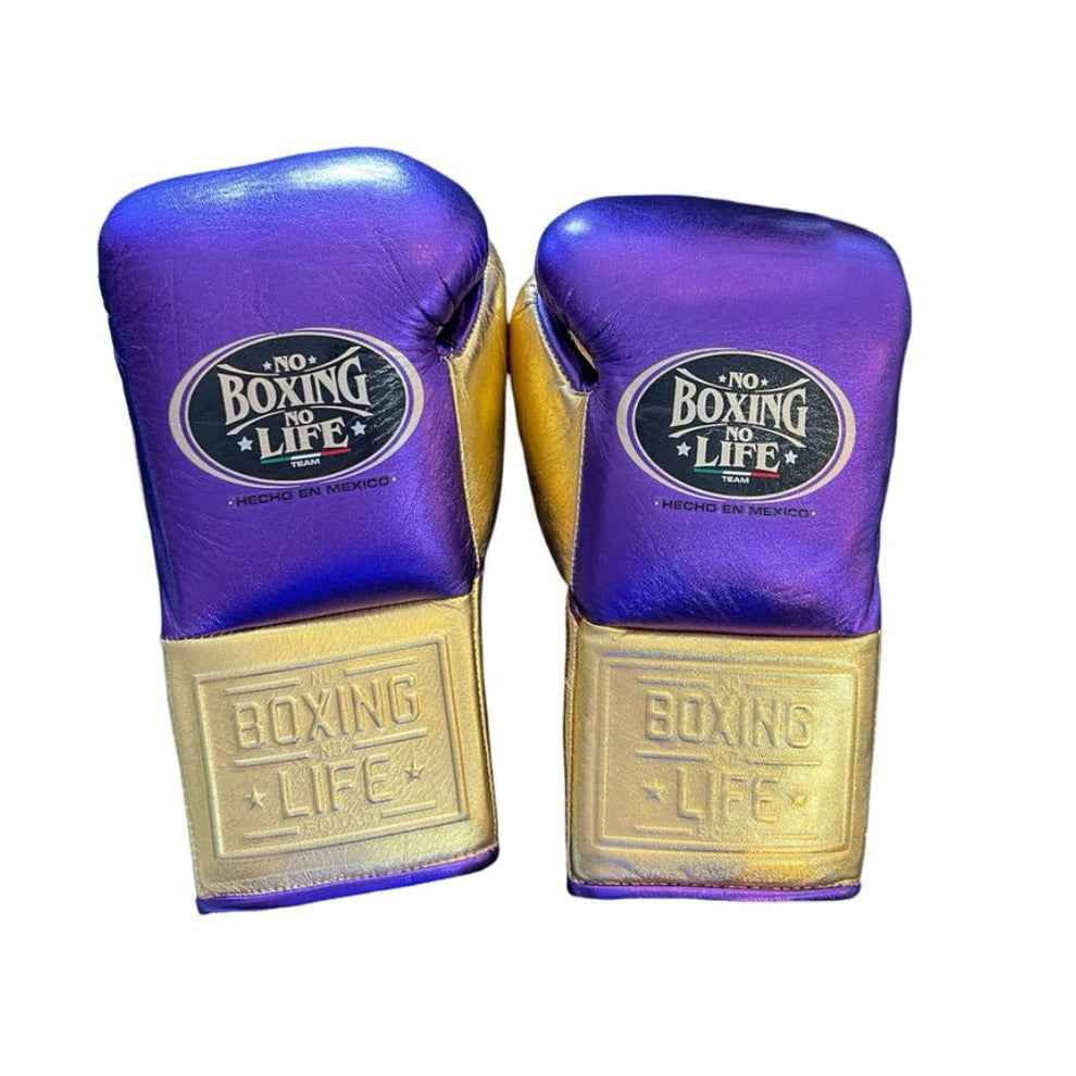 Pair of professional 10 oz No Boxing No Life metallic purple lace-up boxing gloves with metallic gold palms and cuffs featuring "Hecho en Mexico" branding on a white background at PunchPro Boxing.