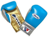 Custom sky blue Winning professional lace-up boxing gloves featuring a metallic silver cuff and metallic gold palm at PunchPro Boxing.