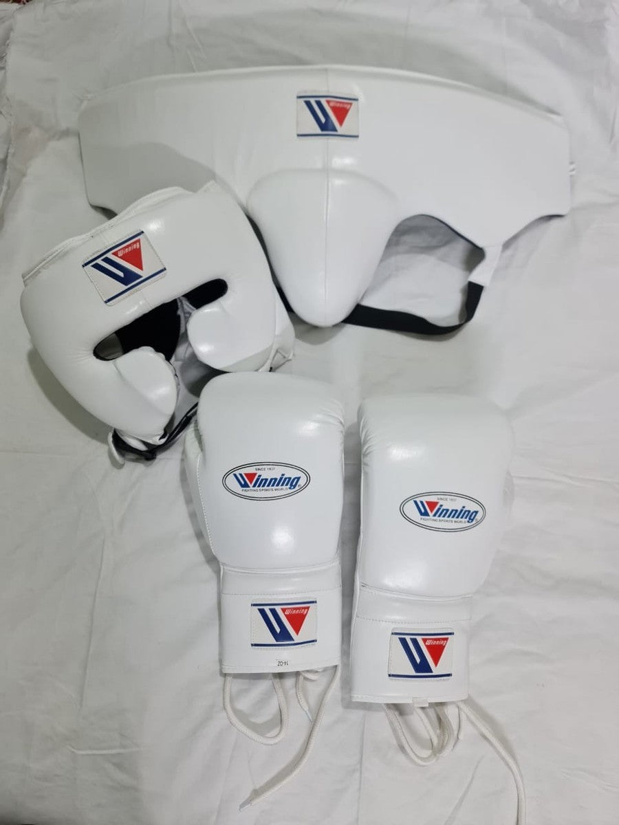 Complete Winning professional white training set including lace-up gloves, FG-2900 headgear, and CPS-500 groin protector at PunchPro Boxing.