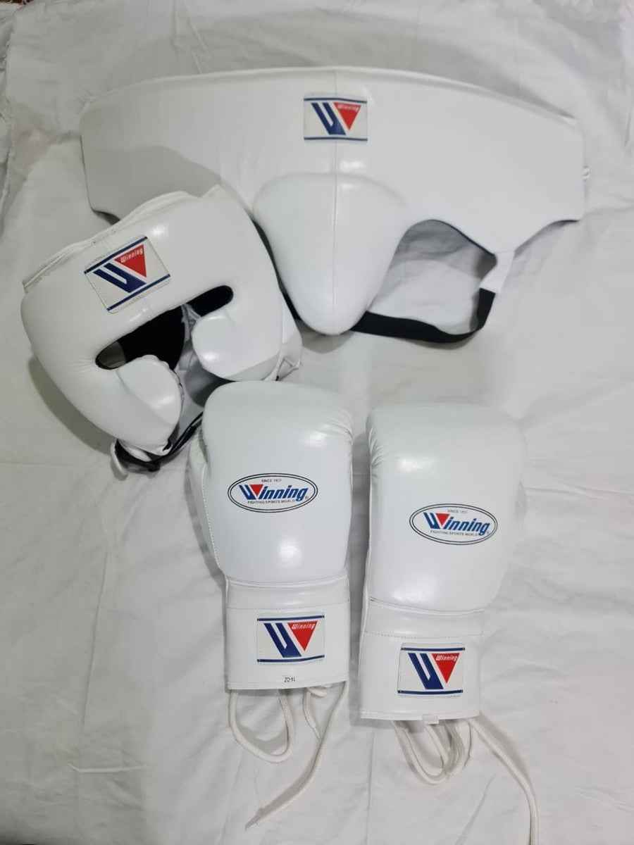 Winning Professional Boxing Training Set - White (Gloves, Headgear & Groin Guard) - PunchPro Boxing