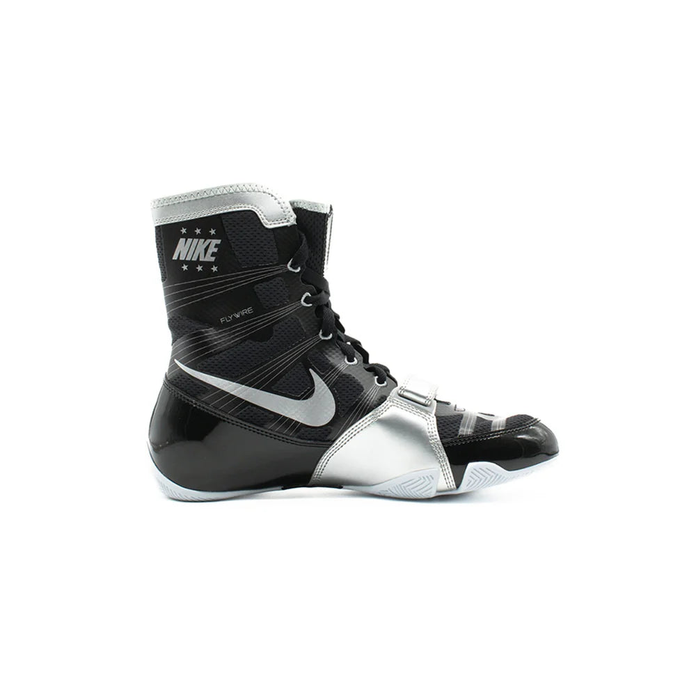 Custom Nike HyperKO boxing shoes in black and silver, top-down lacing view