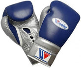 Custom navy blue and metallic silver Winning professional lace-up boxing gloves featuring a premium leather finish and white laces at PunchPro Boxing.