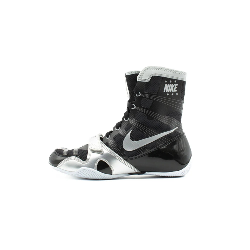 Custom Nike HyperKO boxing shoes in black and silver, heel and ankle collar