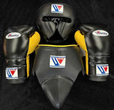 Winning Professional Boxing Training Set - Custom Black & Metallic Gold (Gloves, Headgear & Groin Guard) - PunchPro Boxing