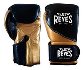 Professional Cleto Reyes hook and loop training and sparring gloves in metallic gold and black featuring high-compression padding and the iconic Cleto Reyes logo at PunchPro Boxing.
