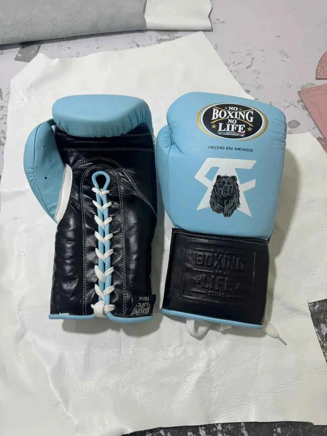 No Boxing No Life Professional Lace-Up Boxing Gloves - Sky Blue & Black Edition - PunchPro Boxing