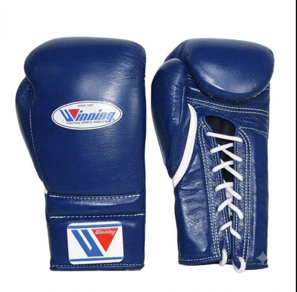 A pair of blue boxing gloves shown against a plain white background, displaying both the front and side/lacing view. The gloves feature a blue leather-like finish with white laces and a white, blue, and red Winning brand logo on the wrist strap.