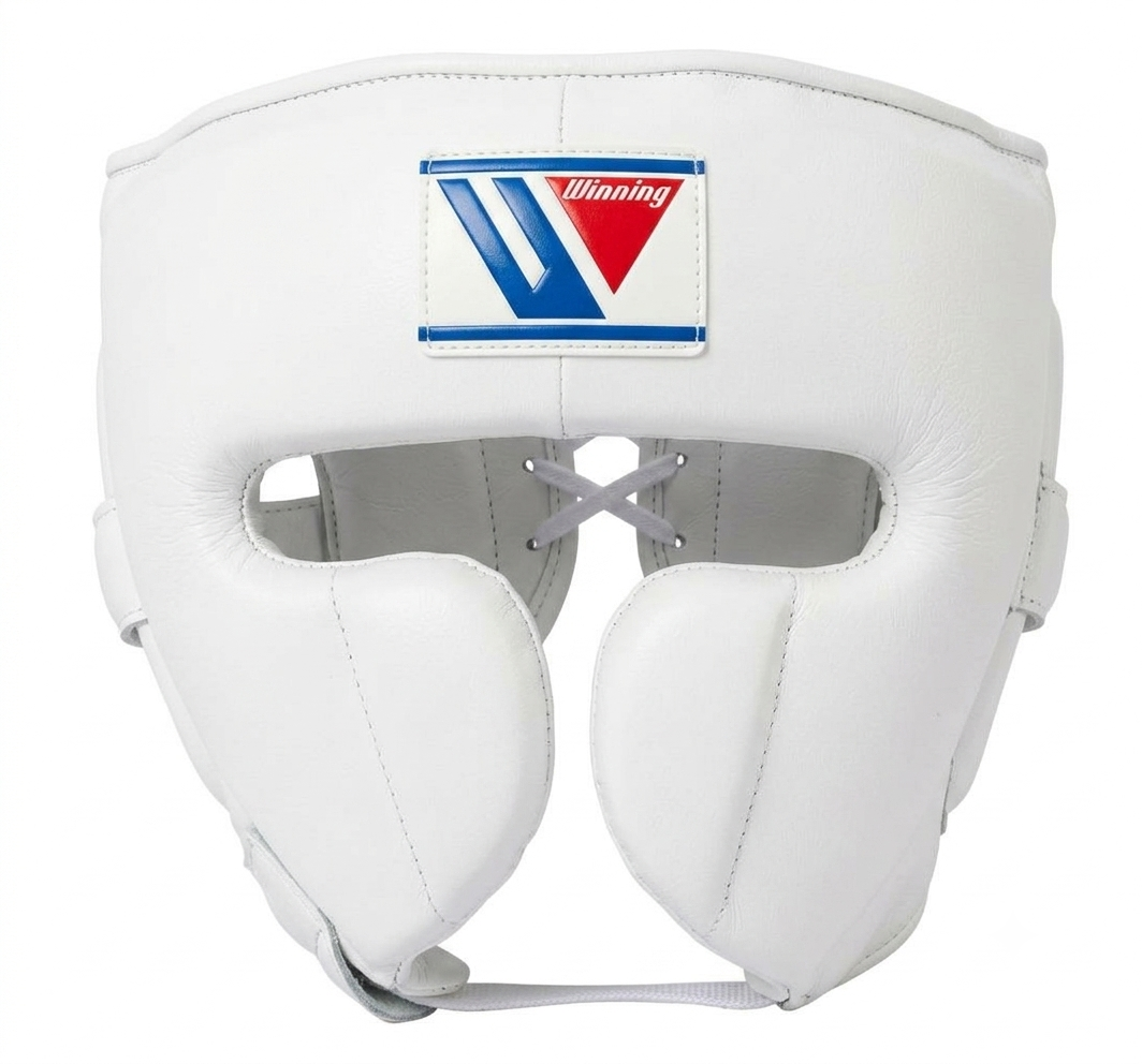 White leather boxing headgear with a visible Winning brand patch on the forehead, shown against a plain white background.