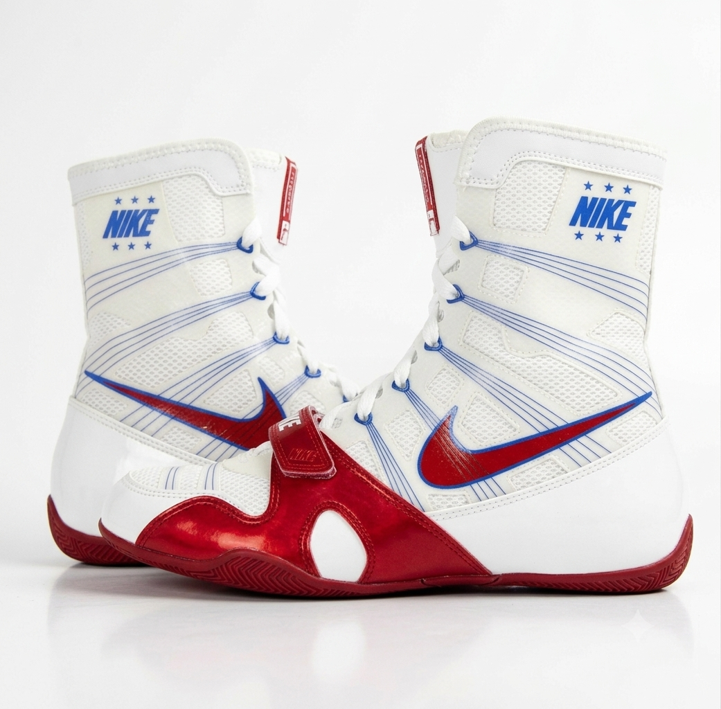 White, red, and blue Nike Hyperko boxing shoes on a plain white background.