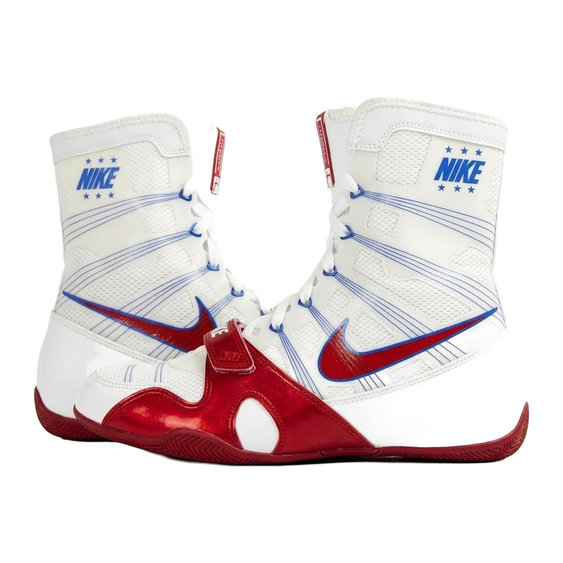 Nike HyperKO 1 boxing shoes in white with red overlay straps, red Swoosh and blue line accents