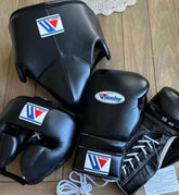 Winning Black Training Boxing Set - Lace-Up Boxing Gloves 16oz, Headgear, Groin Protector | Premium Japan-Made Gear - PunchPro Boxing