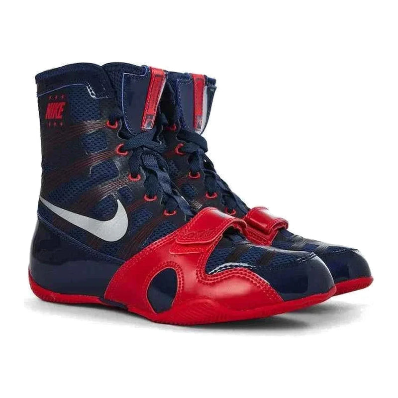 Custom Nike HyperKO boxing shoes in navy blue and red with red forefoot lockdown strap and white Swoosh