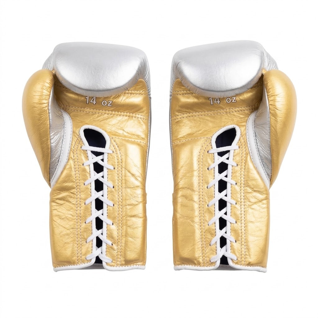Winning Boxing Gloves Gold & White lace-up training glove, genuine leather, 8oz to 16oz