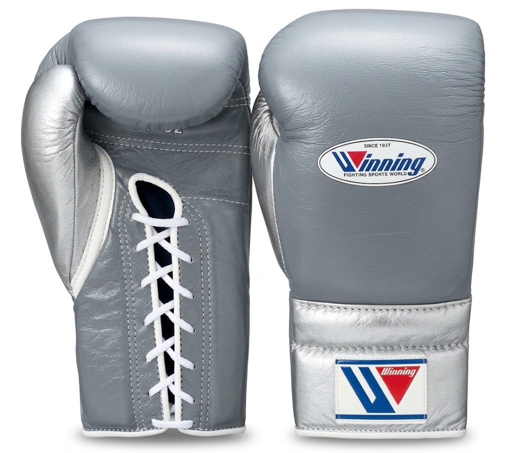 Winning Boxing Gloves Metallic Silver lace-up training glove, genuine leather, 8oz to 16oz