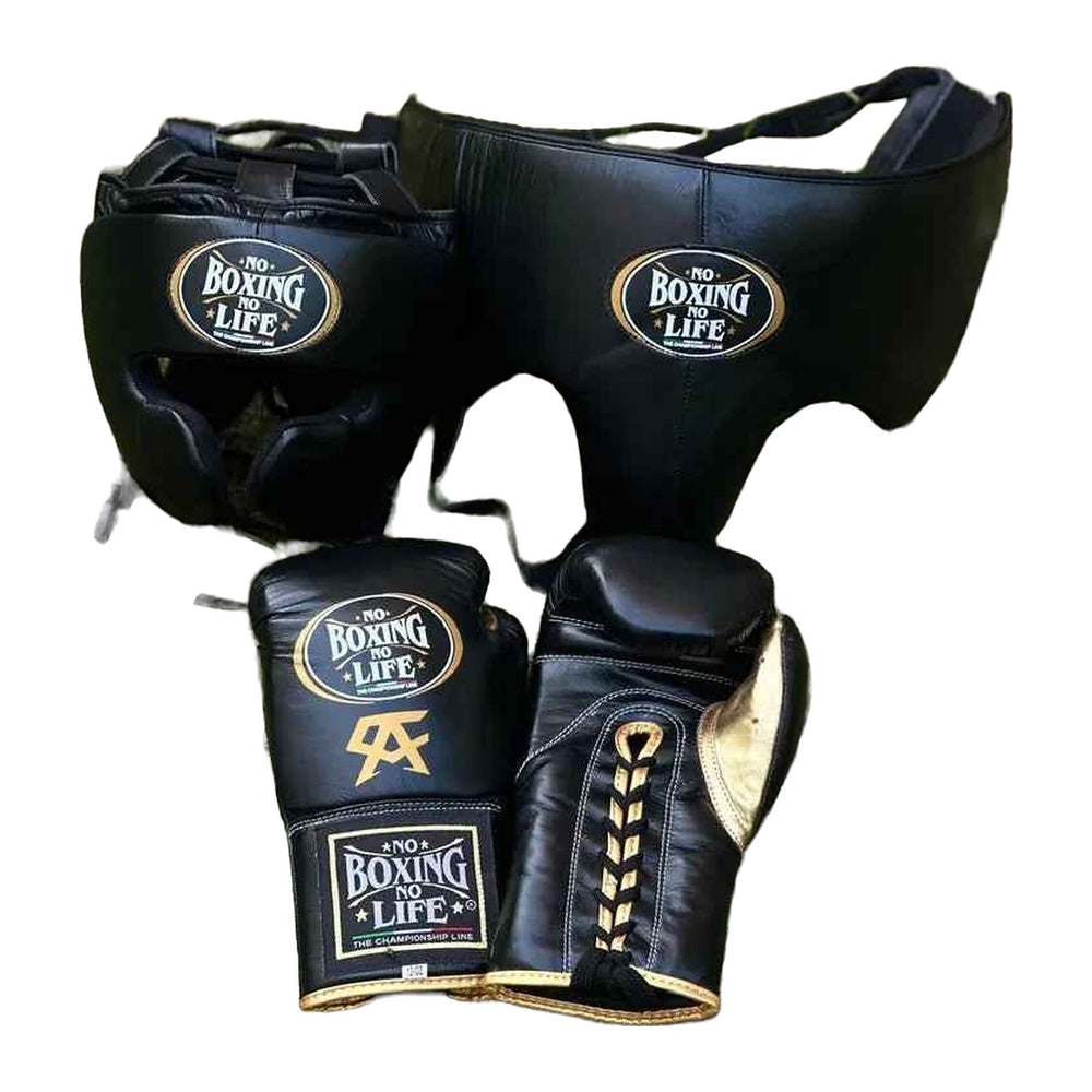 No Boxing No Life Sparring Set | Black & Gold Gloves, Headgear & Groin Guard