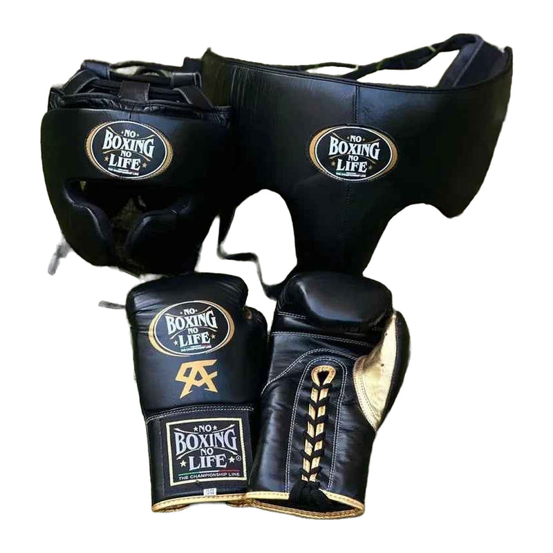 No Boxing No Life black & gold sparring set - gloves, headgear and groin guard
