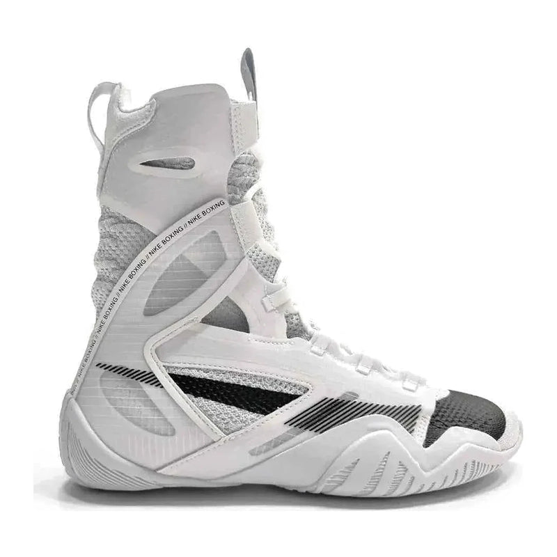 Nike HyperKo 2 boxing shoes in sleek white and black featuring a high-top ankle support frame and a split traction sole available at PunchPro Boxing