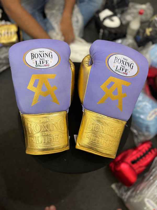 No Boxing No Life Boxing Gloves - Professional Lace-Up Training & Fight Gloves | Purple & Gold Edition | Sizes 8oz–18oz - PunchPro Boxing