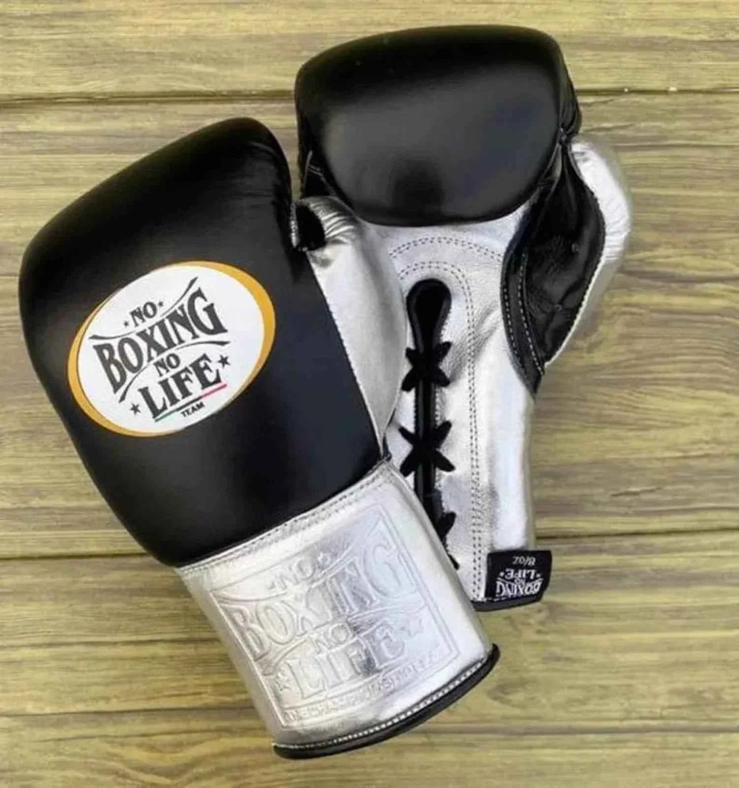 No Boxing No Life Black & Silver Lace-Up Boxing Gloves | Professional Training & Fight Gloves - PunchPro Boxing