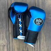No Boxing No Life Professional Lace-Up Boxing Gloves - Metallic Blue & Black Edition - PunchPro Boxing