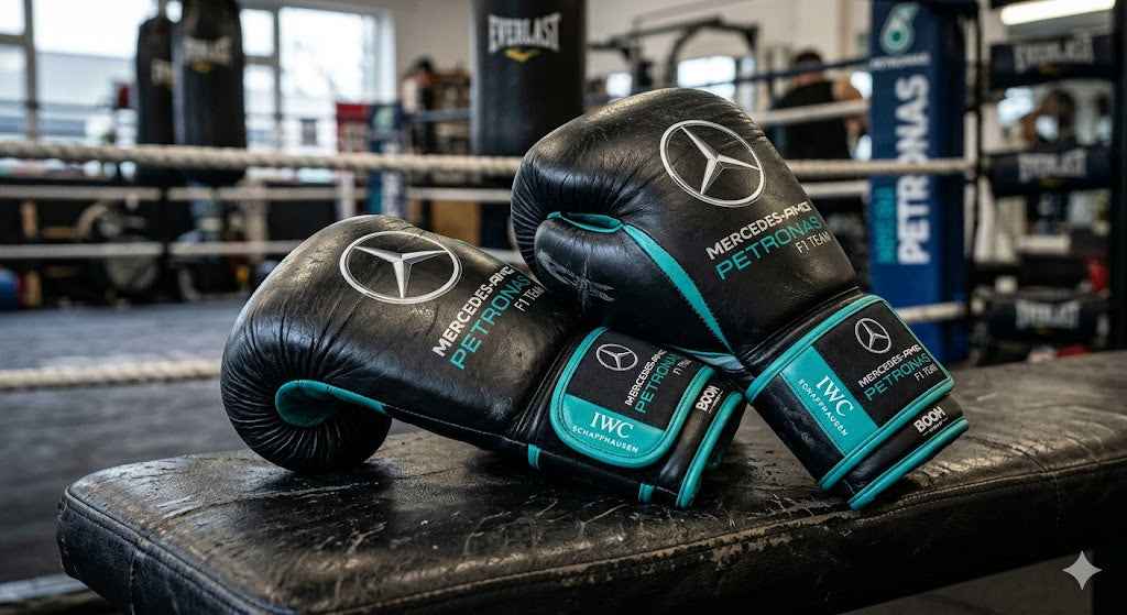 Mercedes-AMG F1 Professional Lace-Up Boxing Gloves - Stealth Black & Petronas Teal - PunchPro Boxing