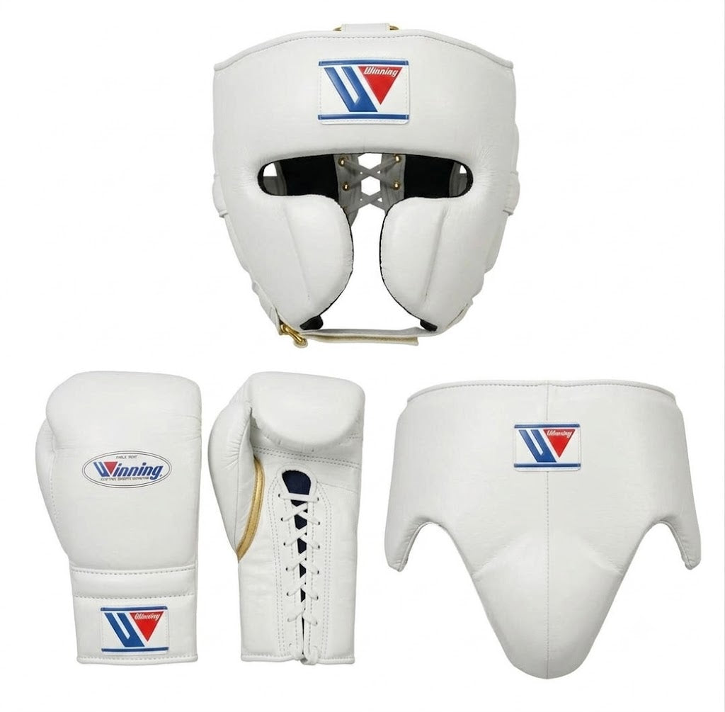 Winning boxing sparring set in white genuine leather — headgear, lace-up gloves, and groin protector