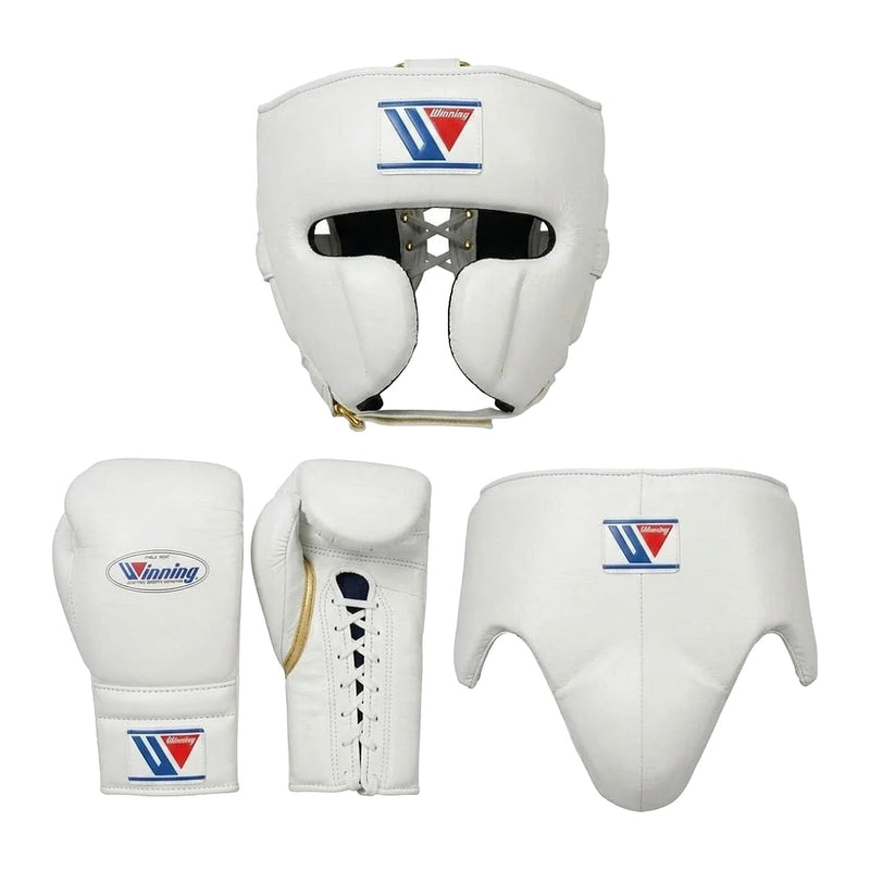 Winning white boxing sparring set with headgear, lace-up gloves and groin guard