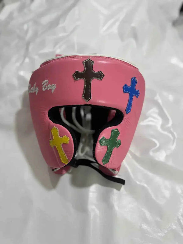 Custom Pink Boxing Headgear with Cross Design for Ultimate Protection