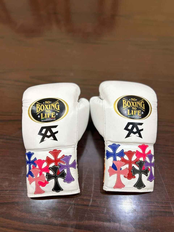 No Boxing No Life Professional Lace-Up Boxing Gloves - White Multi-Color Cross Patch Edition for Ultimate Performance