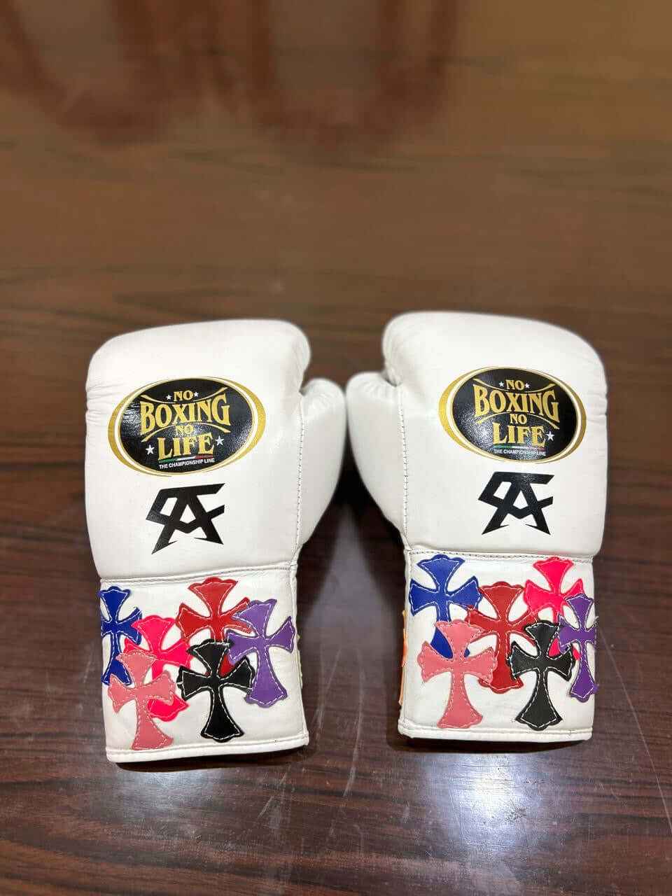 No Boxing No Life Professional Lace-Up Boxing Gloves - White Multi-Color Cross Patch Edition for Ultimate Performance - PunchPro Boxing