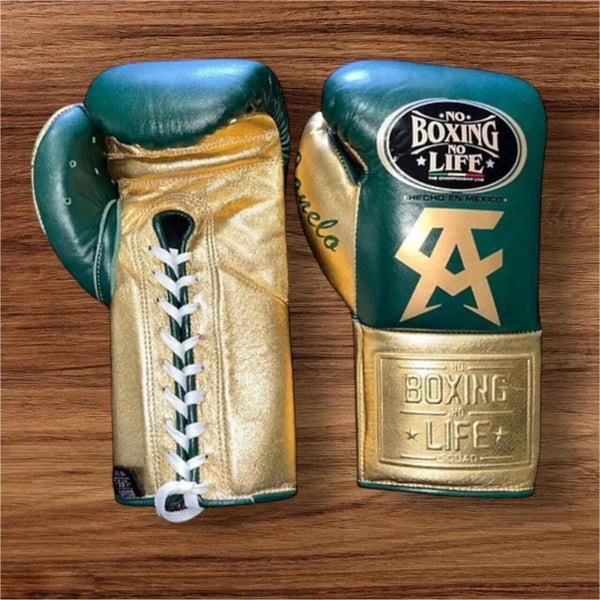 No Boxing No Life Boxing Gloves - Professional Lace-Up Edition in Forest Green & Metallic Gold