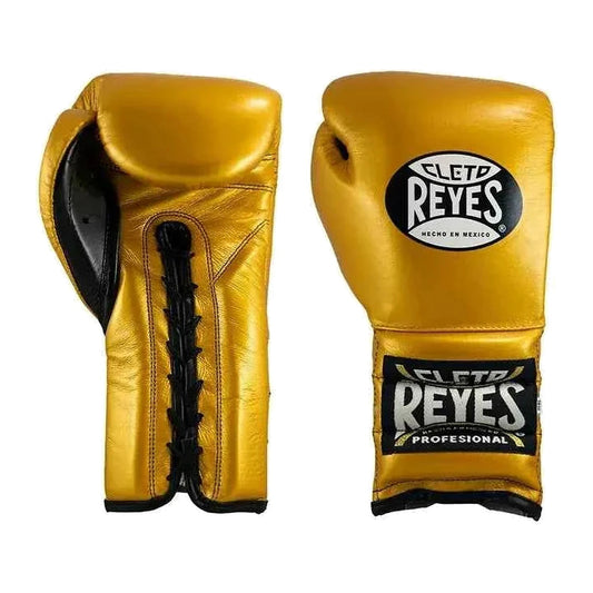 Cleto Reyes metallic gold lace-up boxing gloves, pair shown together