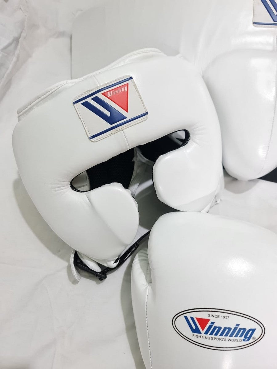 Complete Winning professional white training set including lace-up gloves, FG-2900 headgear, and CPS-500 groin protector at PunchPro Boxing.