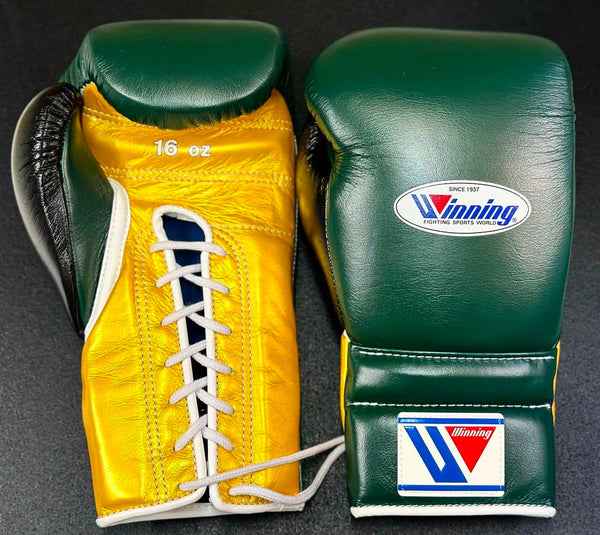 Winning Professional Lace-Up Boxing Gloves - Premium Sparring & Training Gloves in Green & Yellow, Available in All Sizes (8oz–18oz) - PunchPro Boxing